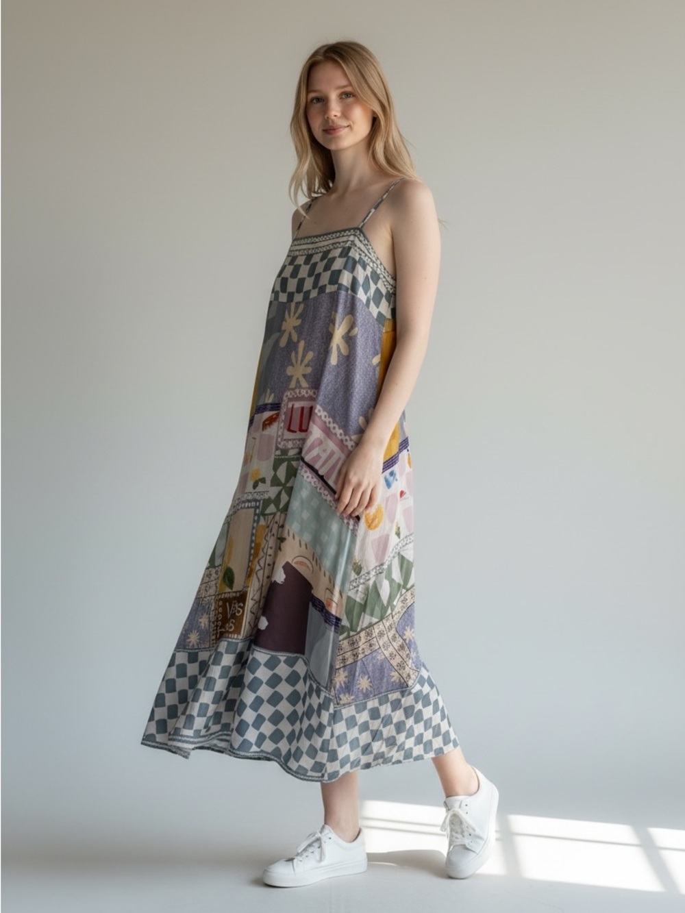 Euro Inspired Novelty Print Maxi Dress L Smocked Back Boho Resort Multico Fun